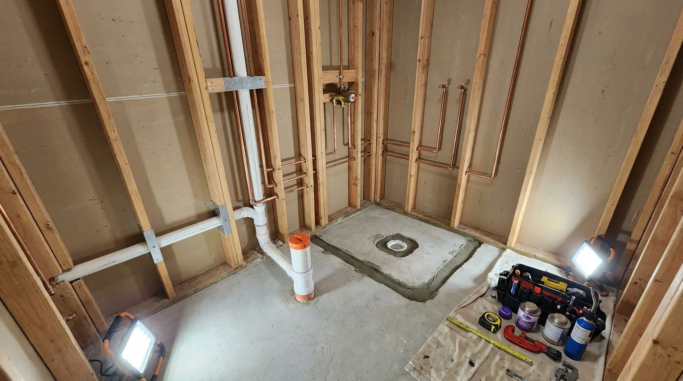 Bathroom rough-in plumbing during remodel by Johns Plumbing LLC in Manistique