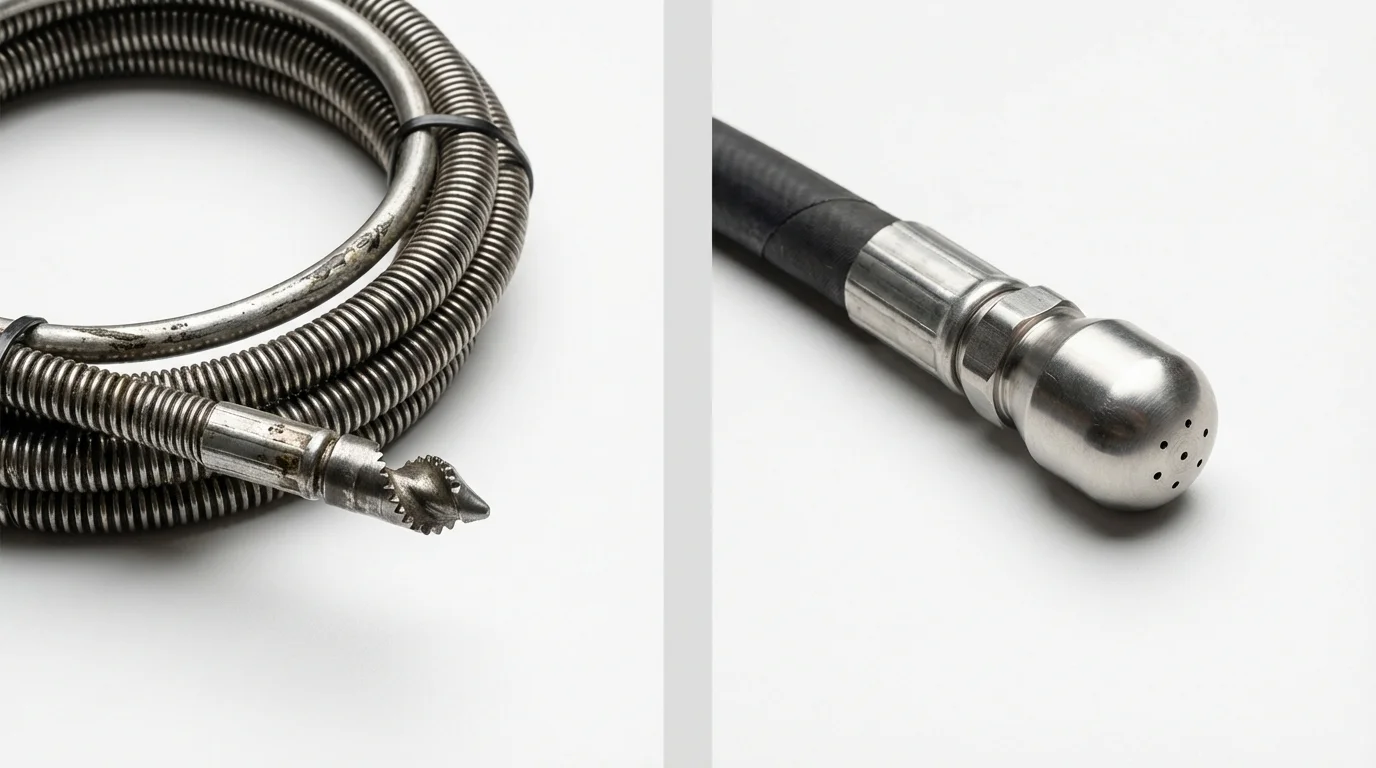 Drain snake cable and hydro jetting nozzle used for drain cleaning in Manistique, MI