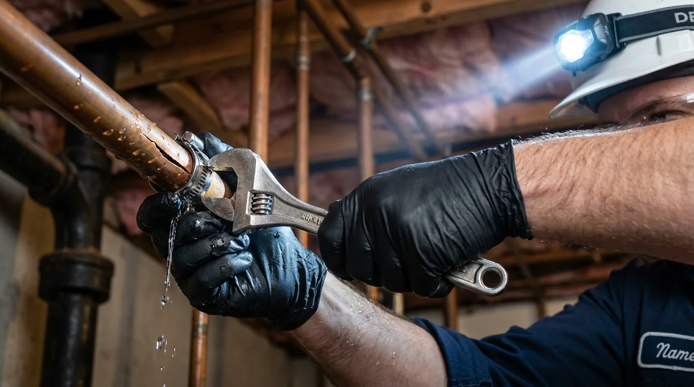 Emergency pipe clamp repair being performed by a Johns Plumbing LLC plumber in Manistique