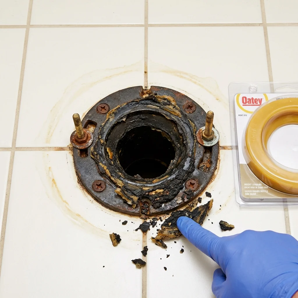 Failed wax ring showing water seepage at the base of a toilet in a Manistique, MI home