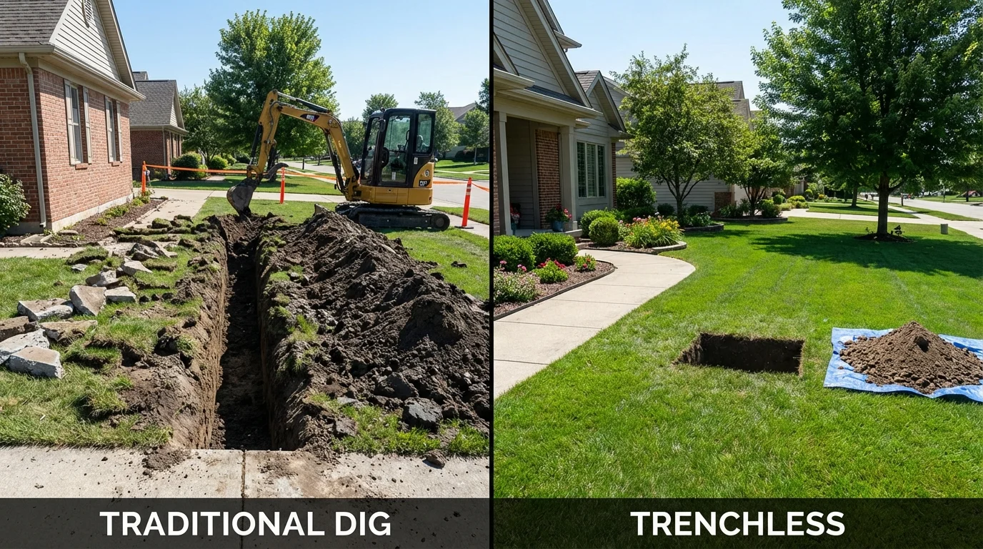 Trenchless sewer repair with minimal yard damage versus traditional excavation in Manistique, MI